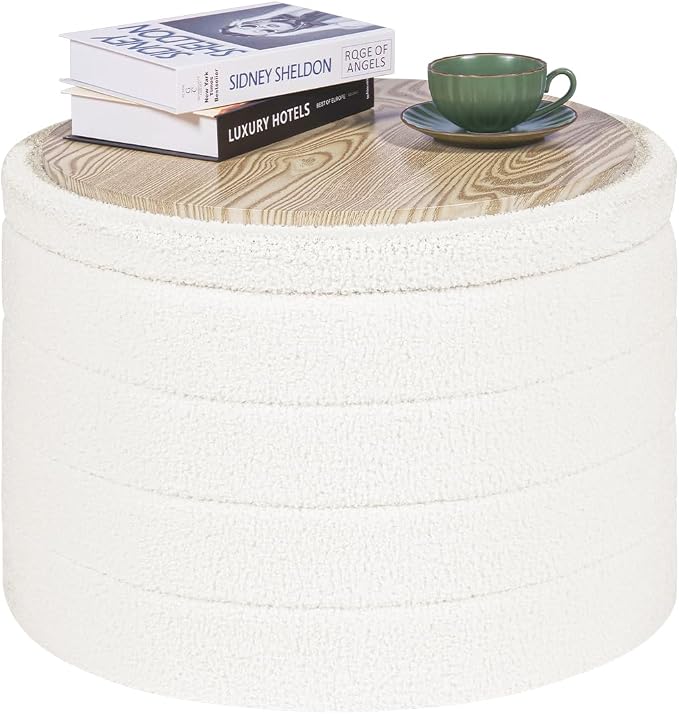 PINPLUS Round Ottoman with Stroage, Boucle Storage, Foot Stool Foldable Coffee Table Ottoman for Living Room, Bedroom, Dorm (White)