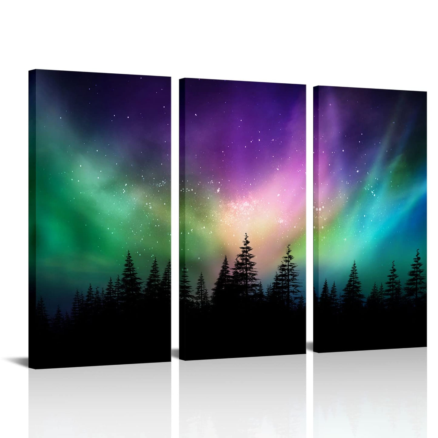 Innopics Northern Lights Wall Art Green Aurora Starry Home Decor Forests Landscape Pictures Photography Canvas Prints Art for Living Room Bedroom Offices 12" W x 24" H x3PCS