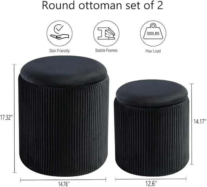 BLEXA Round Set of 2 Ottoman with Storage - Upholstered Velvet Vanity Stool for Makeup Multifunctional Ottomans Coffee Table Padded Seat Foot Rest for Living Room & Bedroom (Black)