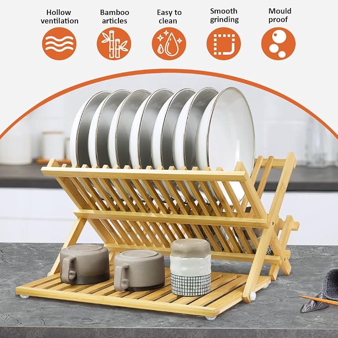 KKTONER Bamboo Dish Drying Rack with Utensil Holder 3 Tier Collapsible Drainer Rack with Dish Drying Mat for Kitchen Counter (Natural)