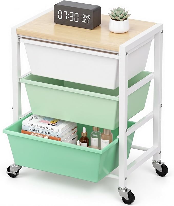 Rolling Cart with 3 Drawers, Plastic Drawer Storage Carts with Lockable Wheels & Wooden Tabletop, Metal Art Craft Utility Cart Organizer for Home Office Bedroom Dorm Bedside Classroom, Bright Green