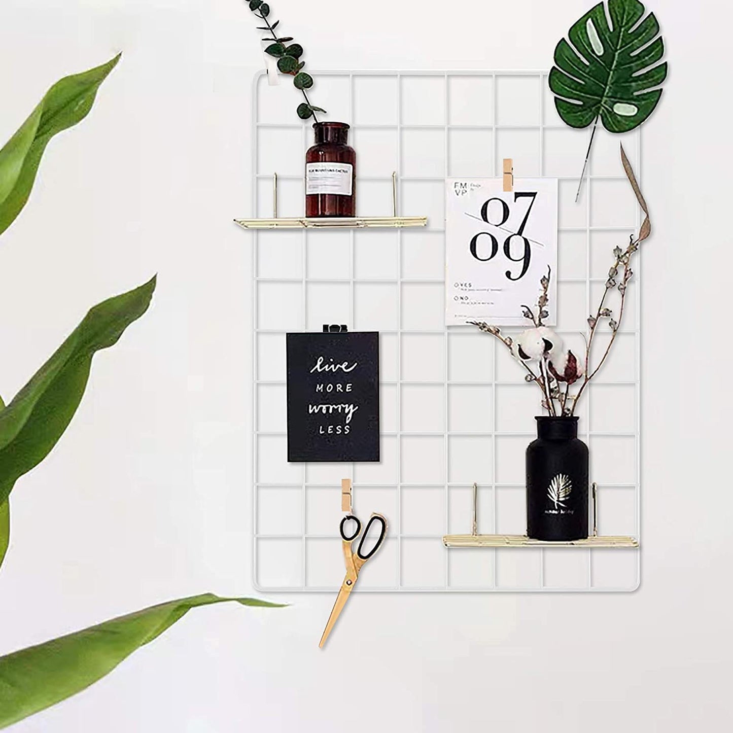 C&AHOME Photo Wall Display Set of 2, Grid Panel with Hooks, Clips, Hemp Cord, Hammer - 15.7" x 11.8", White UWWGM3402W