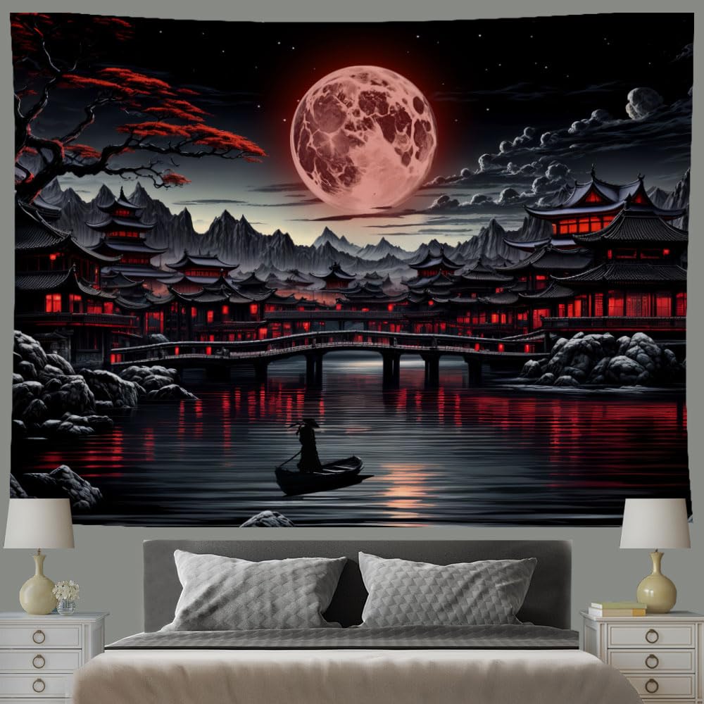 Ine Ive Japanese Landscape Tapestry Cool Red and Black Aesthetic Full Moon Mountain Riverside Wall Tapestries for Men 80x60inch Dark Nature Asian Japan Anime Art Poster for Bedroom Office Dorm Decor