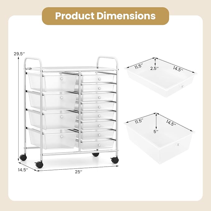 LDAILY 12 Drawer Rolling Storage Cart, Rolling Cart with Drawers for Classroom, Art Supply Craft Organizer on Wheel with Metal Frame & Handles for Home Office School (Clear, 12 Drawer Left-Right)