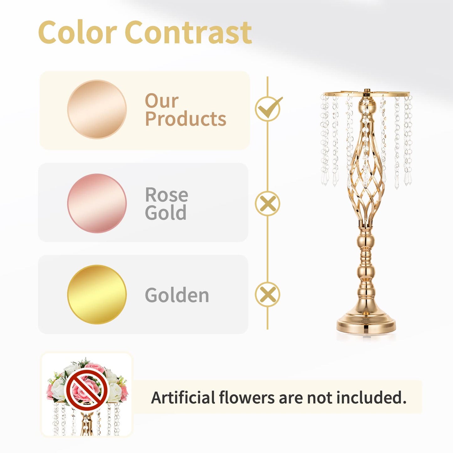Nuptio 2 Pcs Crystal Flower Stand Wedding Centerpieces for Tables, 21.7in/55cm Tall Elegant Metal Flower Arrangement Stand, Tabletop Metal Flower Vase for Wedding Party Dinner Event Hotel Home Decor