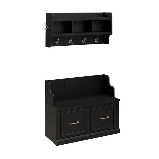 Bush Home Woodland 40W Entryway Bench with Doors and Wall Mounted Coat Rack in Black Suede Oak | Mudroom Shoe Storage, Clothing Organizer