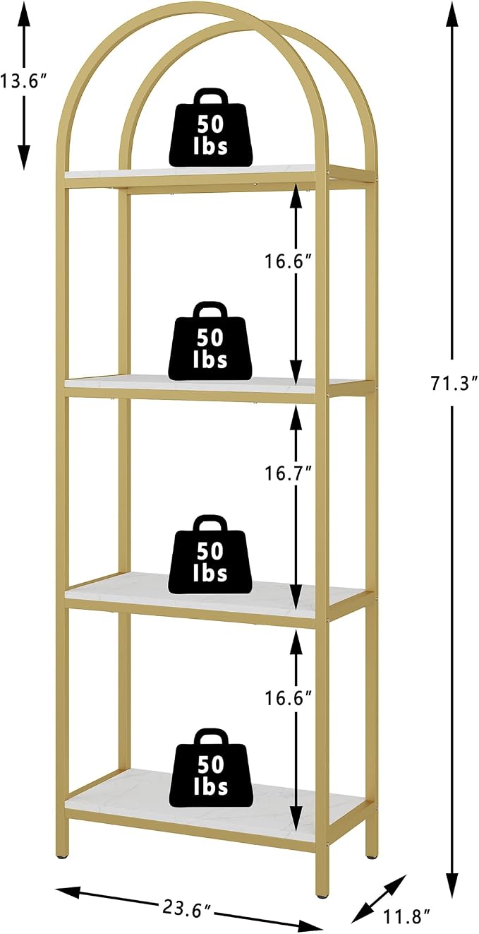 Yusong Bookshelf 4 Tier Arched Bookcase, 71.3" Tall Industrial Open Book Shelves for Living Room, Modern Freestanding Display Shelving Storage Rack Metal Frame, Office, Bedroom,Gold White