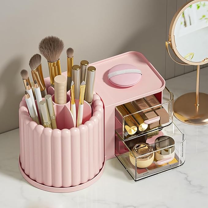 360 Rotating Makeup Organizer Countertop with 2 Drawers, Makeup Brush Holder, Small Preppy Organizer, 9.25x5.11 Inch, Pink