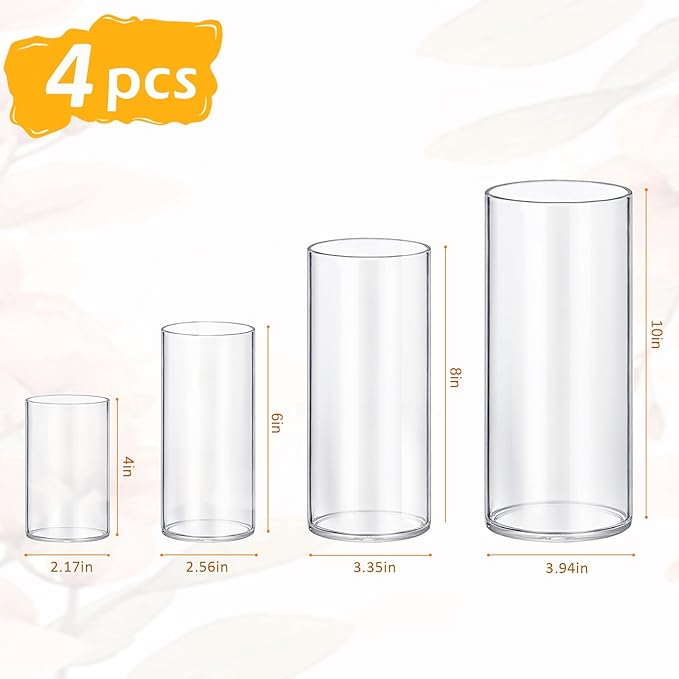 4 Pack Glass Cylinder Vases 4,6,8,10 Inch Tall Clear Flower Vase Hurricane Floating Candle Holder for Table Centerpiece Wedding Home Decor