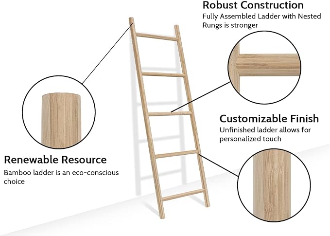 FUIN Fully Assembled 57in Bamboo Blanket Ladders Living Room Wood Decorative Wall Leaning Farmhouse Quilt Display Holder Rustic Wooden Towel Rack for Bathroom, Unfinished