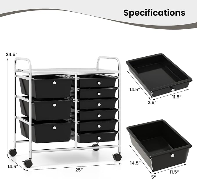 Giantex 9 Drawers Rolling Cart, Classroom Organizers, Storage Cart with Wheels, for Teacher Office Home School Supplies Tool Craft Art Paper, Black