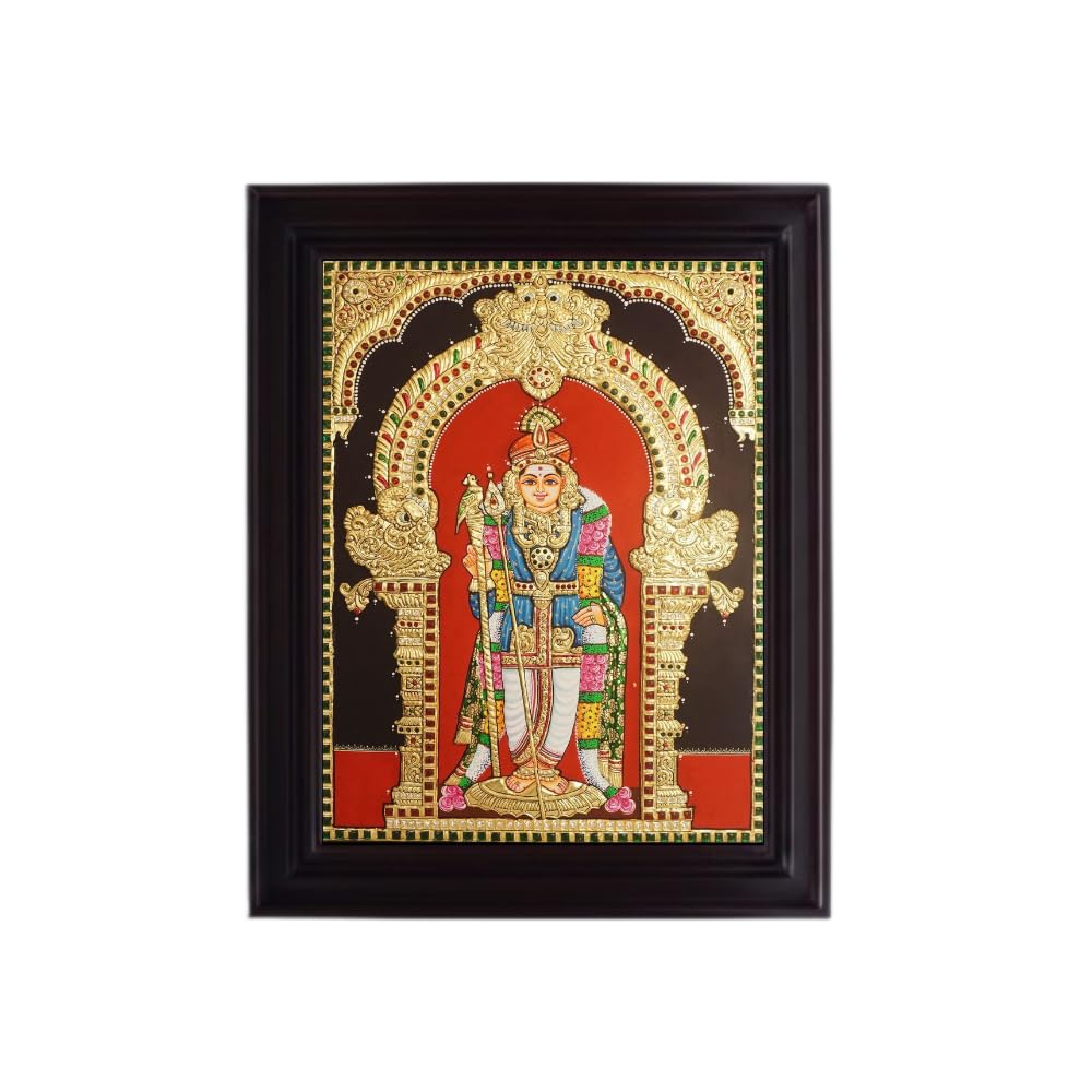 Tarang Arts Murugan God Tanjore Painting, Traditional Handmade 2D Emboss Design with 22-Carat Gold Foil, Jaipur Stones, Wooden Frame for Home Decor, Puja Room, Wall Hanging (Murugan Painting 24*18