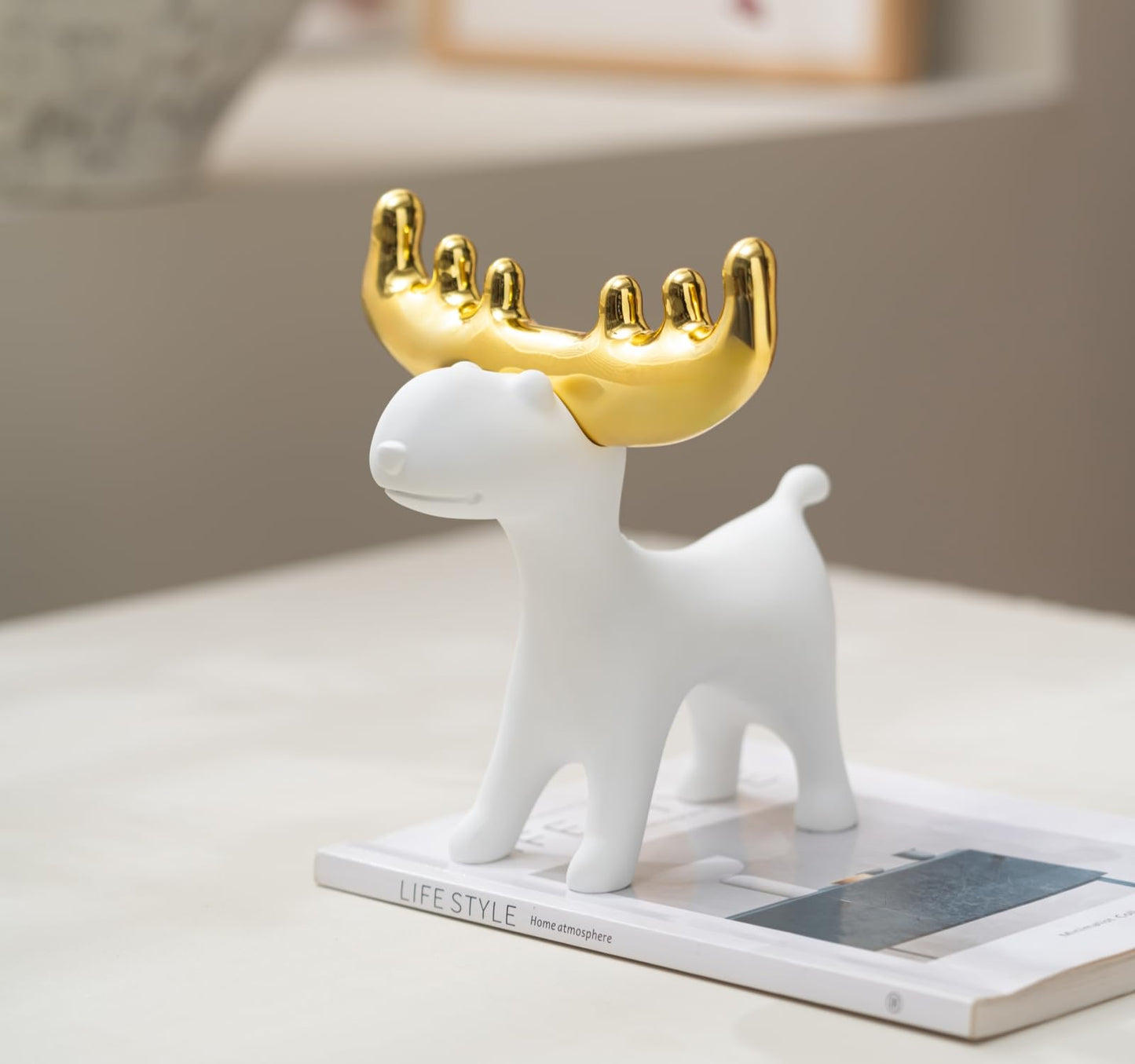 ZMLOOK Modern White Resin Deer Figurine with Gold Antlers – 7.48 x 69 x 7.72 Minimalist Animal Sculpture for Home & Desk Decor(Standing/Reclining Style)