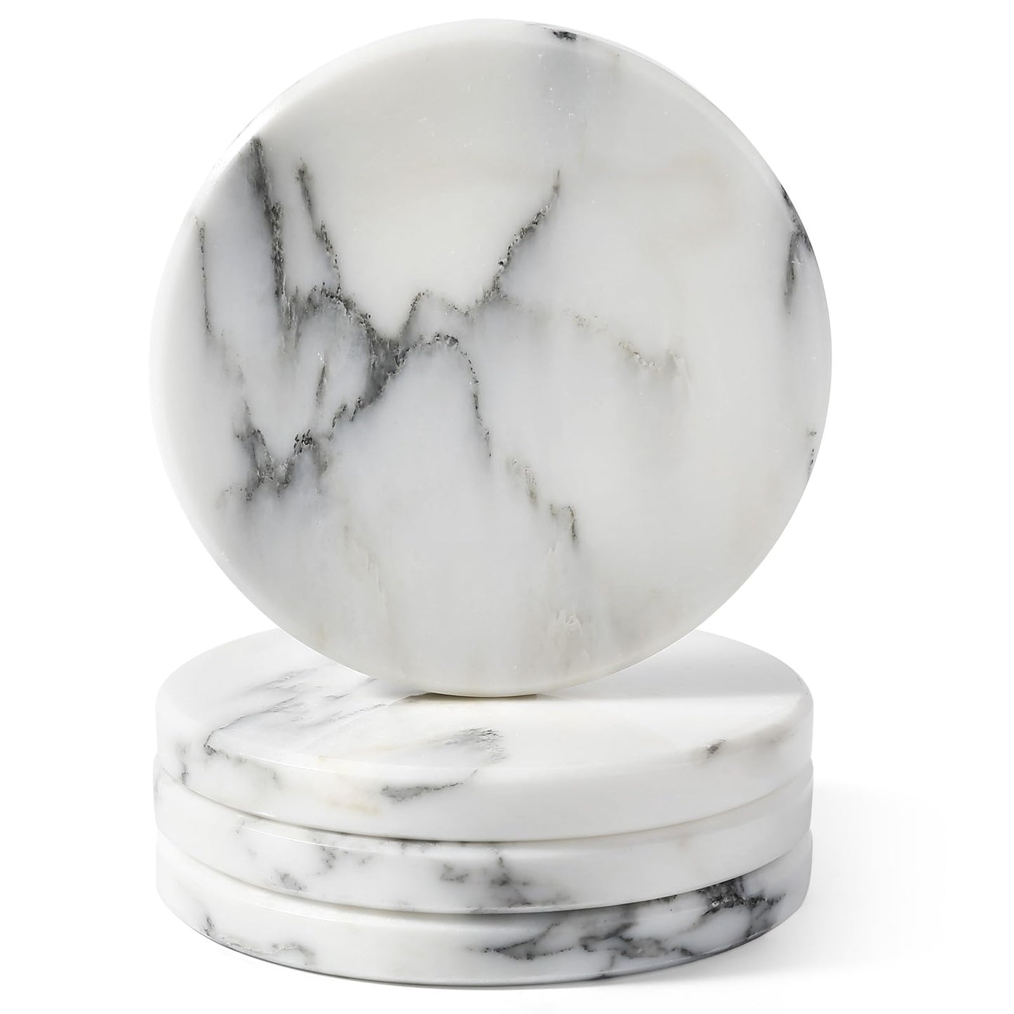 Koville Marble Coaster Set of 4, Round Coasters, 4" Stone Coaster for Drinks Coffee, Marble Coasters for Coffee Table Home Bar Decor, Heat Resistant, Gift Choice(Arabescato)