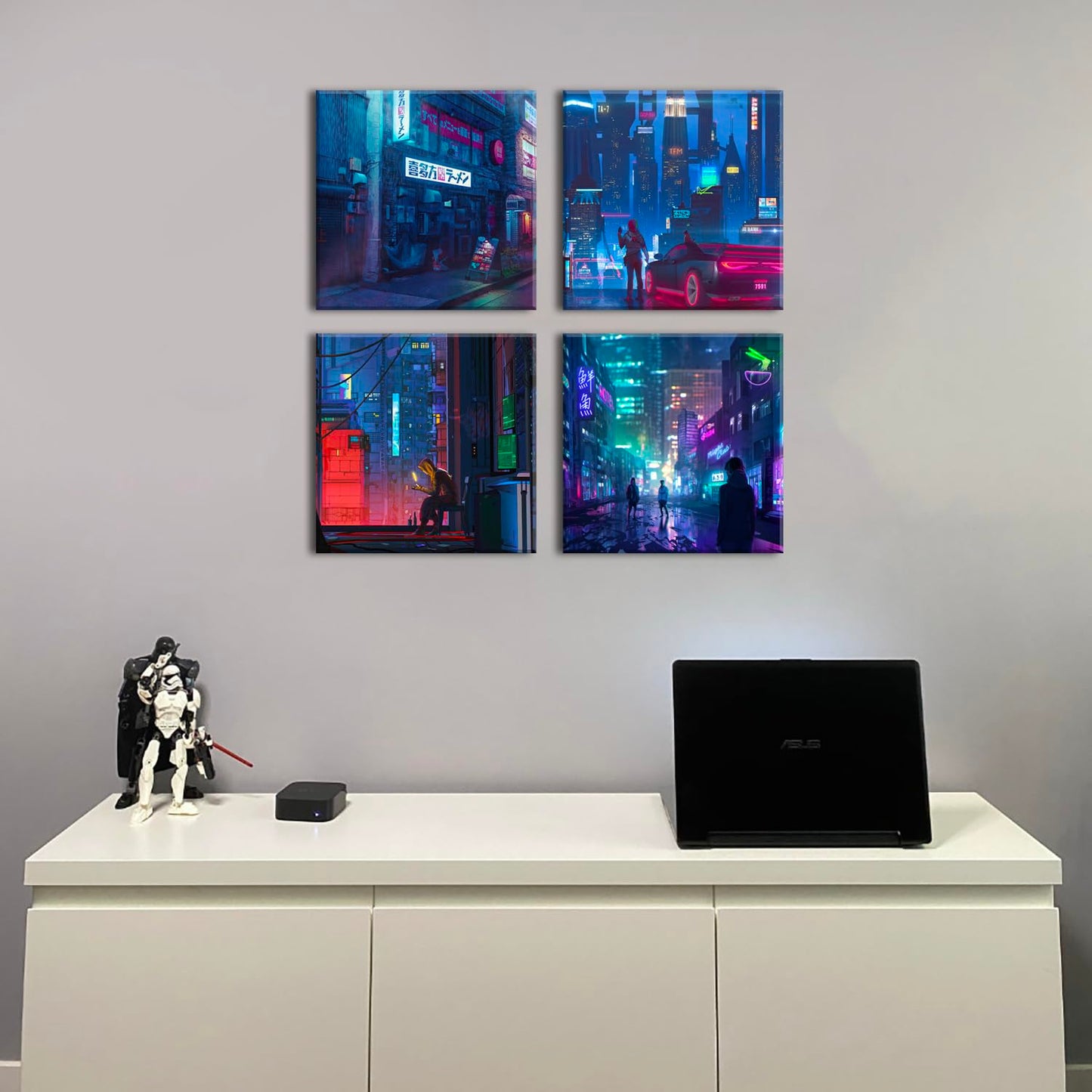 Japanese Anime Wall Art Cyberpunk Anime Posters for Bedroom Decor Tokyo Neon Night City Canvas Prints Gamer Wall Decor Modern Pop Gamer Posters for Boys Room Playroom Home Decorations 12x12 4Pcs