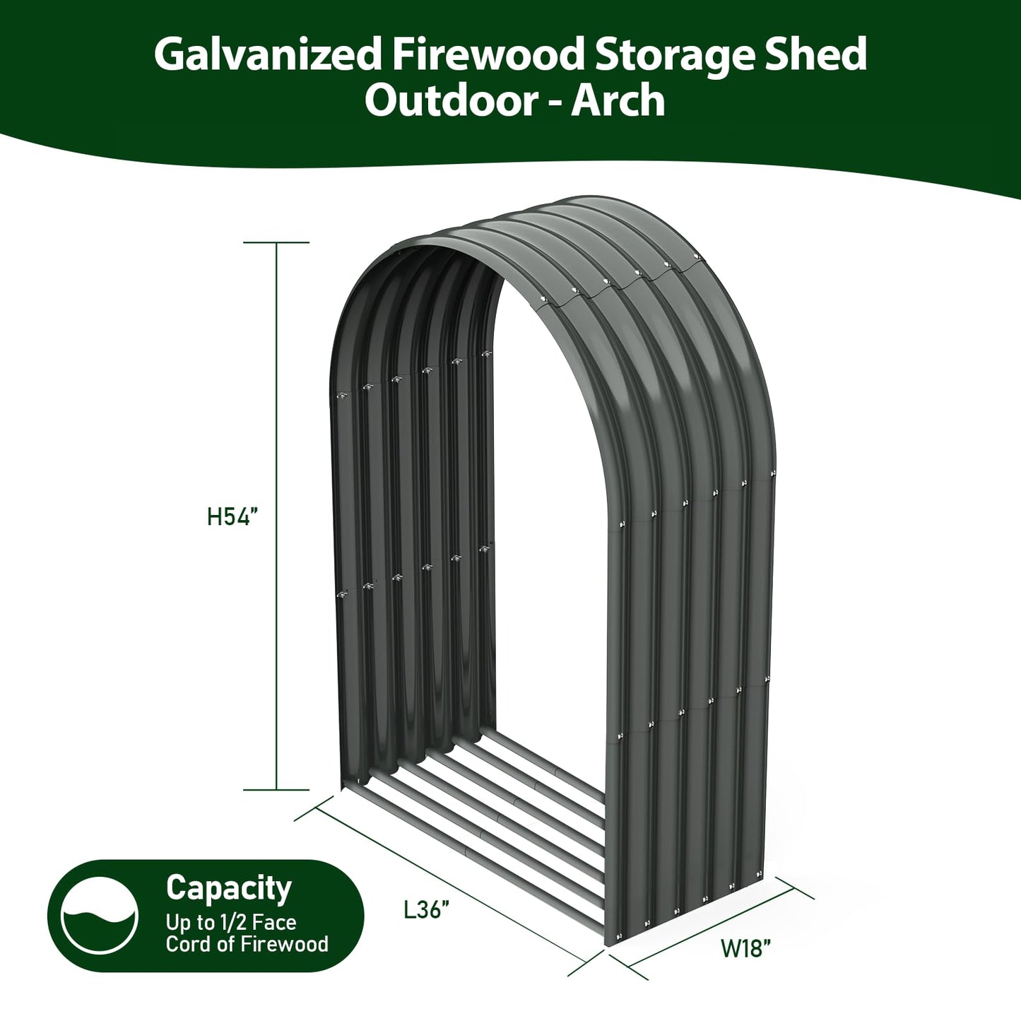 A ANLEOLIFE 4-Set Galvanized Steel Firewood Storage Rack with Weatherproof Corrugated Roof, Heavy Duty Outdoor Log Holder for Patio Porch Fire Pit, Arch Gray