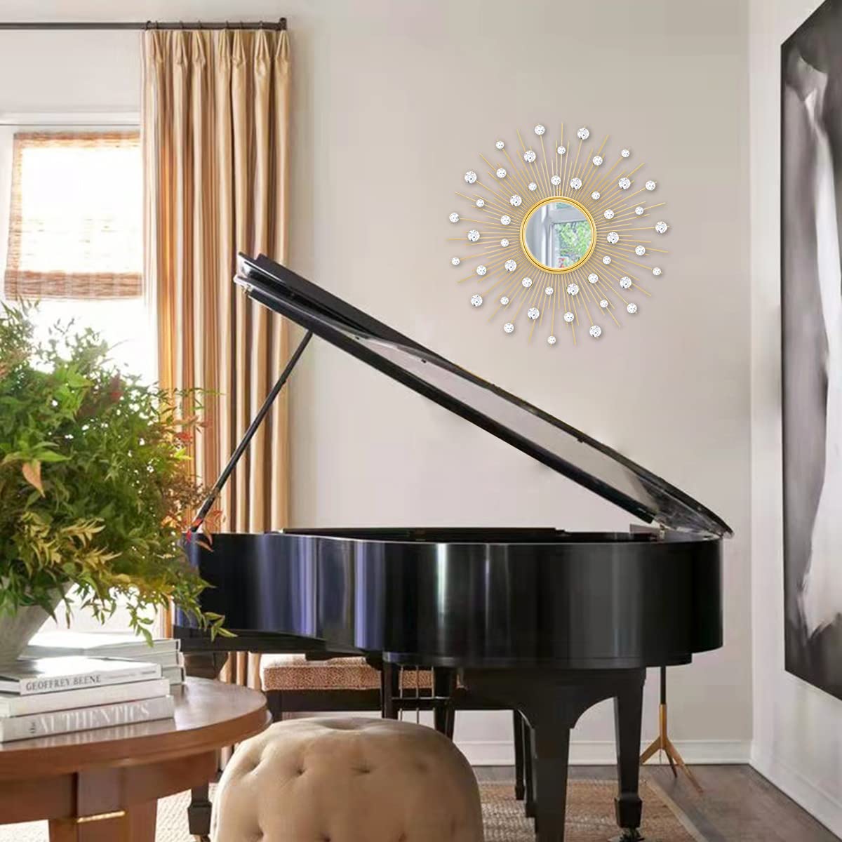 TaoliMo Gold Sunburst Mirror for Wall Decor Metal Sun Wall Mirror Decorative with Crystal Diamond for Living Room Bedroom Entryway Large Circle Mid Century Modern Starburst Wall Hanging 24 Inch