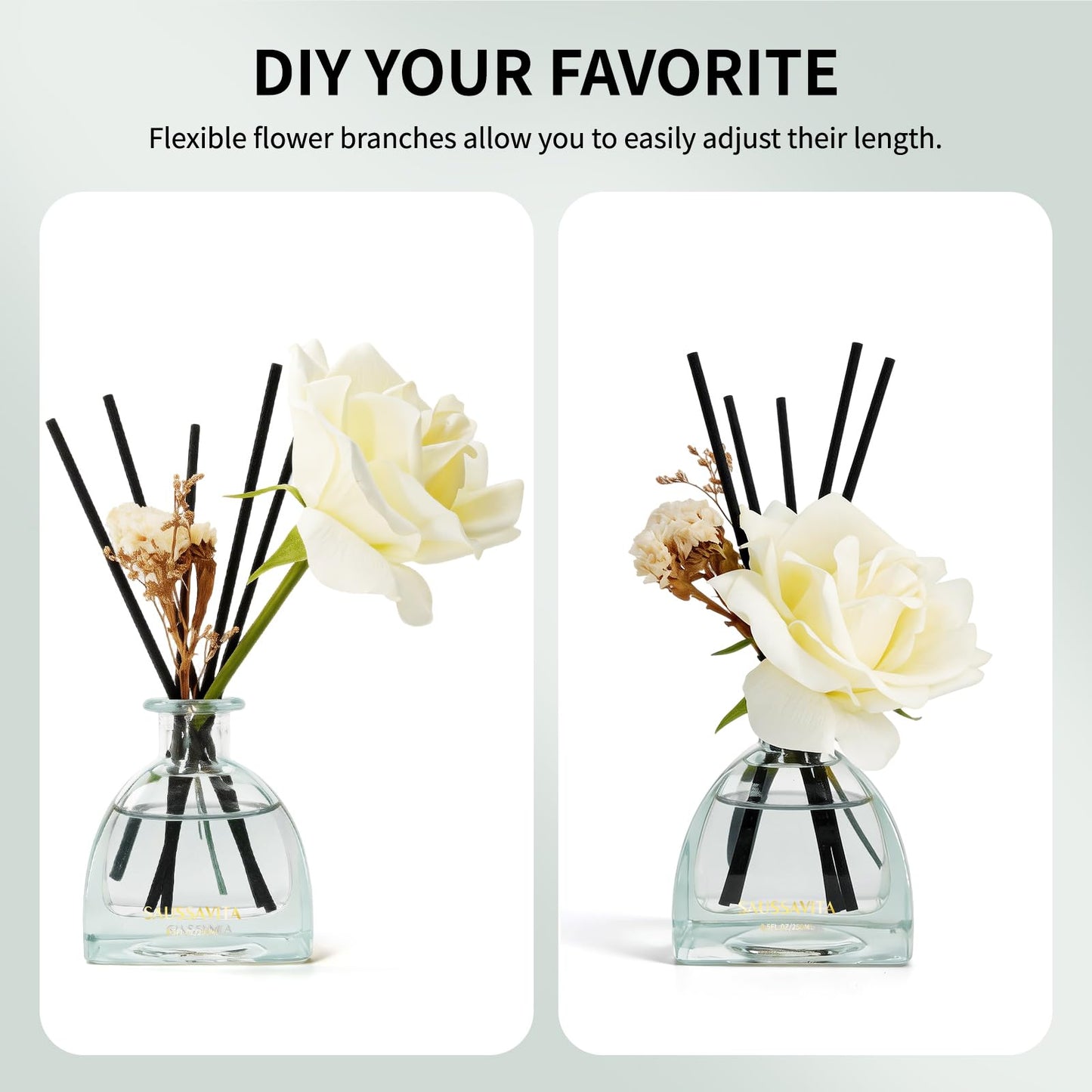 Reed Diffusers Set Flower Scented Diffuser for 140 Days, Flower Diffuser 8.5 fl oz with Dried Flowers and Decorative Rose, Long Lasting Home Fragrance with 10 Sticks for Bathroom, Shelf, Office Decor