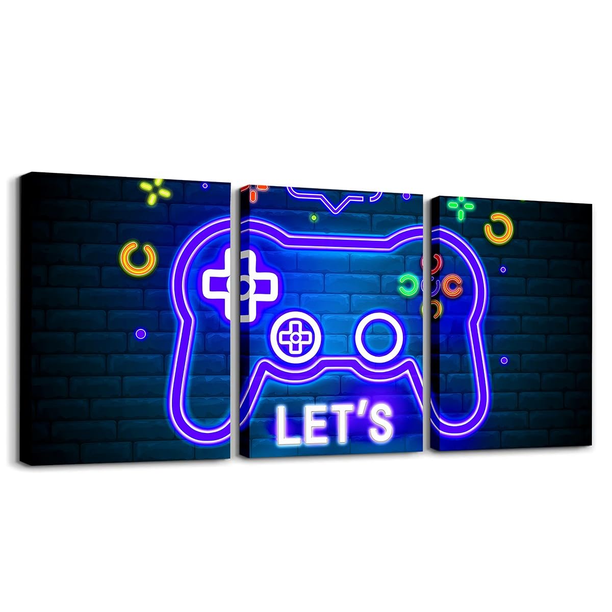Feelyou 3pcs Blue Gamer Canvas Wall Art for Living Room Gaming Picture Wall Decor for Dining Room Bedroom Bathroom Neon Game Controller Wall Art Kitchen Print Painting for Boys Game Home Decorations