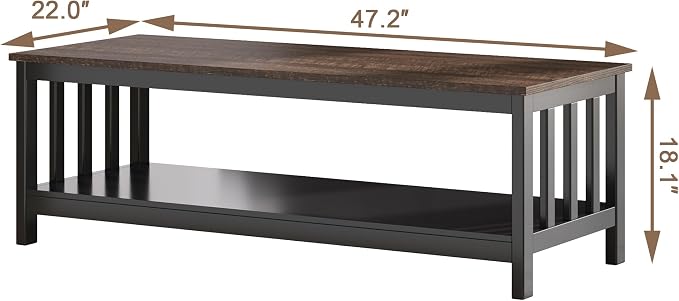ChooChoo Mission Coffee Table, Wood Living Room Table with Shelf, 47 inch, Espresso