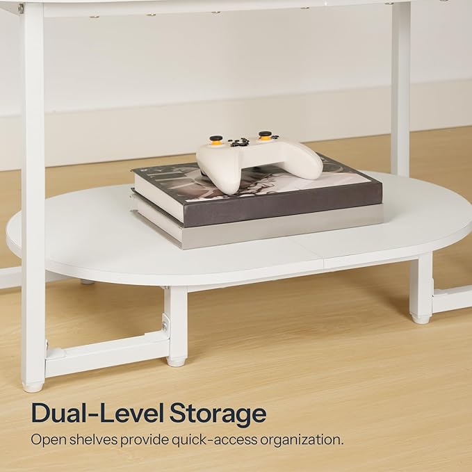 HOOBRO Coffee Table for Living Room, Oval Small Coffee Table with 2-Tier Open Storage Shelf, Industrial Cocktail Tea Table, Wooden Desktop Center Table, Farmhouse, Home Office, White WW09KF01