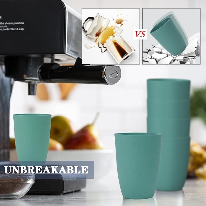Homienly Plastic Cups Reusable 8 PCS Wheat Straw Cups a Good Alternative Drinking Glasses Cup Plastic Glasses Unbreakable Reusable Dishwasher Safe Cup Microwave Safe Cups with Green Color (20 OZ)
