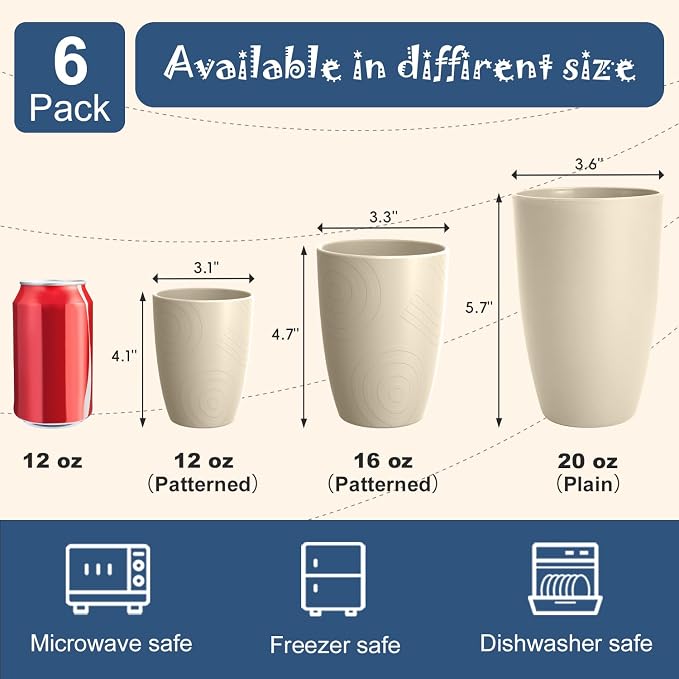 Wheat Straw Unbreakable Cups, Large Cups 20 OZ Set of 6, Alternative to Plastic Cups Reusable, Dishwasher Safe Tumblers & Water Glasses for Kitchen, Parties, Camping, RV, Beige