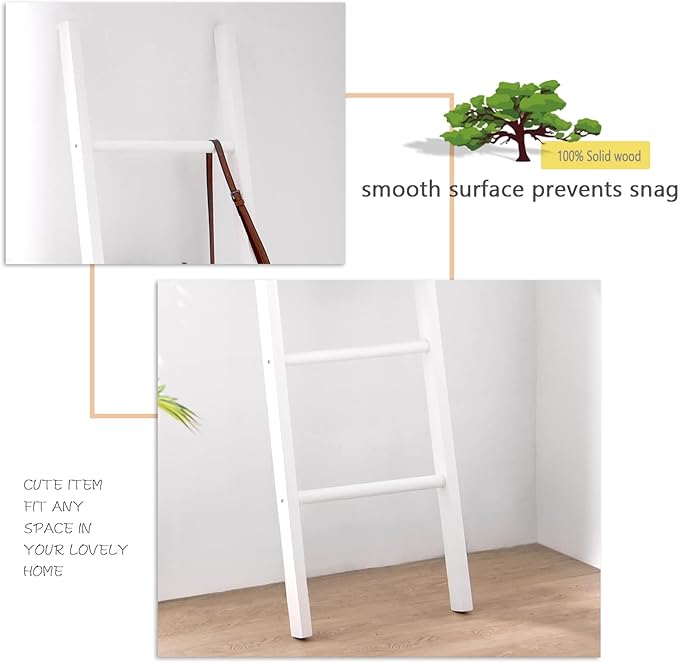 FUIN 6ft Wooden White Blanket Ladder Living Room Decorative Wall Leaning Farmhouse Quilt Display Holder Rustic Wood Towel Rack for Bathroom