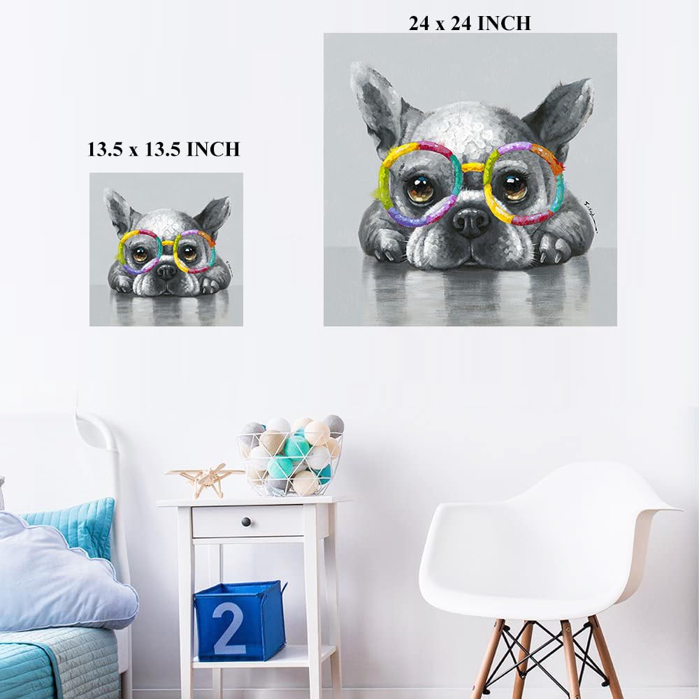 Kunstorner Cute Dog Wall Art With Glasses - Funny Animal Canvas for Living Room, Bedroom, Office Home Decoration - 13.5x13.5 Inches
