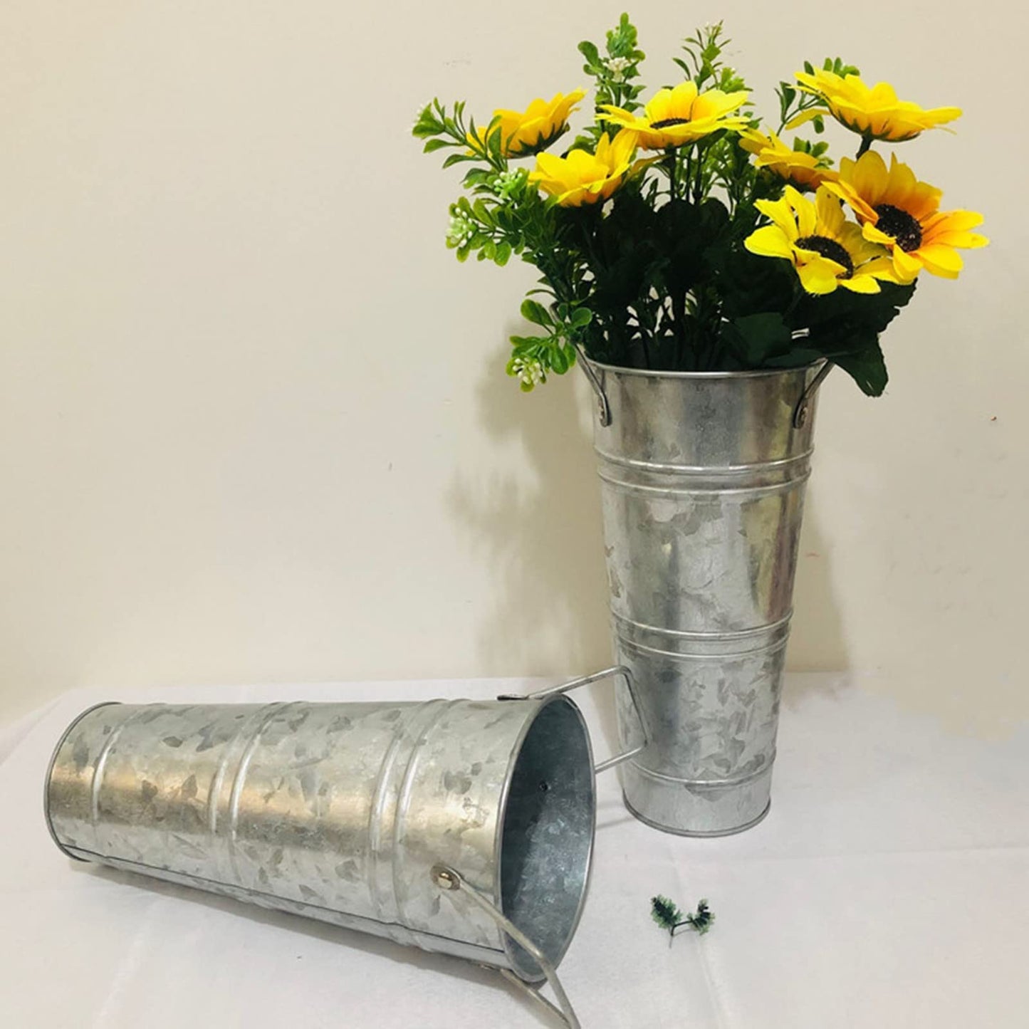 ZOOFOX Set of 4 Galvanized Metal Vases, 9" Farmhouse French Bucket with Handles, Rustic Style Metal Flower Holder for Home and Wedding Table Centerpiece Decor, with Plastic Liner/Insert Included