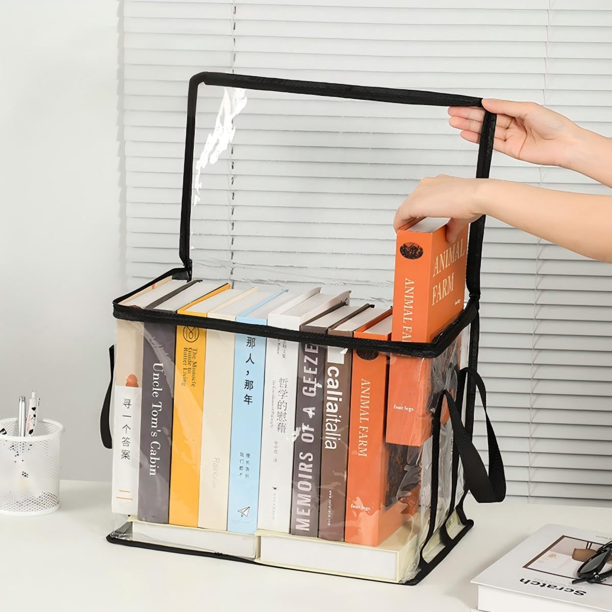 Book Storage Box Clear Dustproof Collapsible Book Organizer Desktop Classroom Home Reusable (Medium)