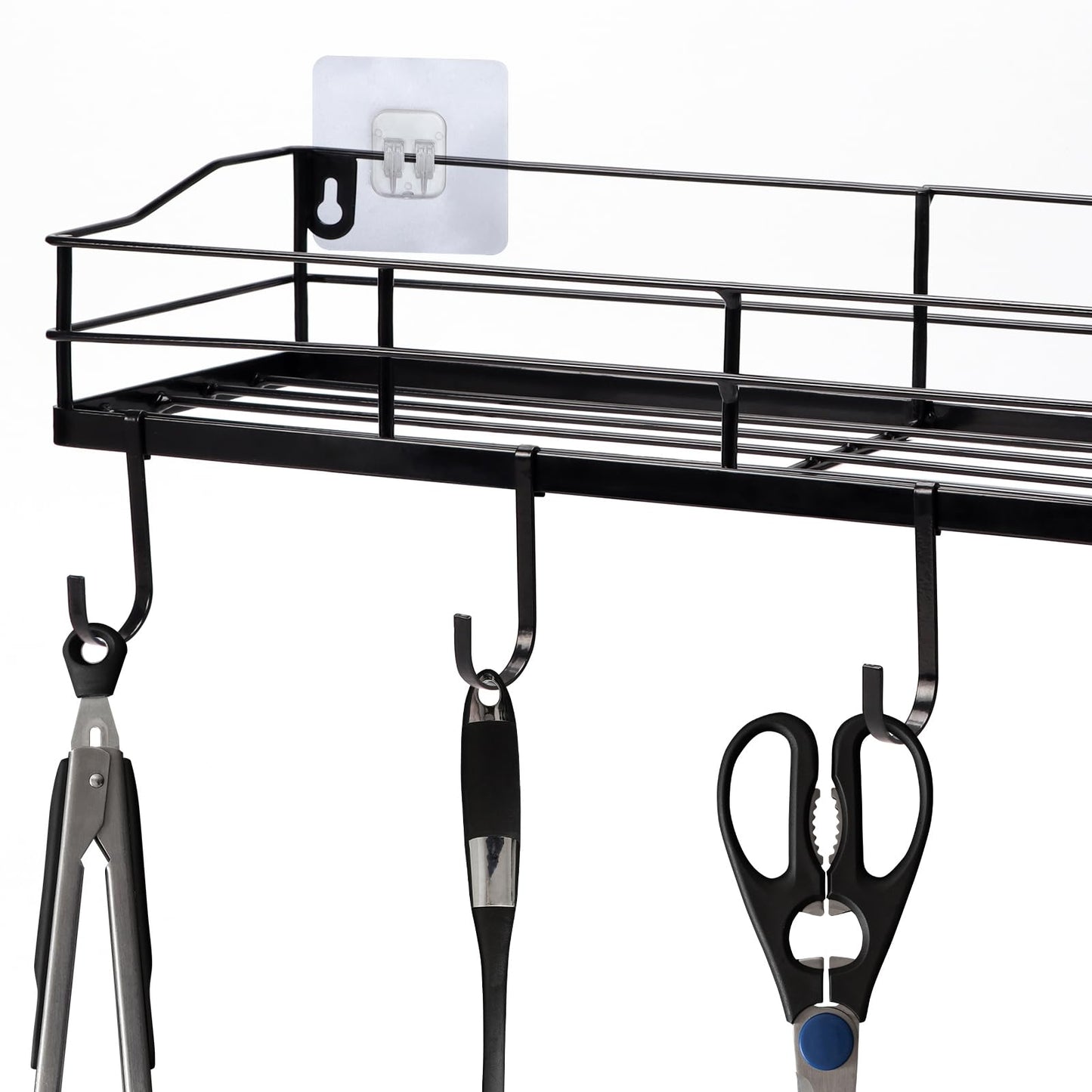 Lyeasw Black Floating Shelves Wall Mounted with 8 Removable Hanging Hooks, 15-Inch Adhesive Shower Shelf Organizer for Bathroom Kitchen Storage Rack, Set of 2
