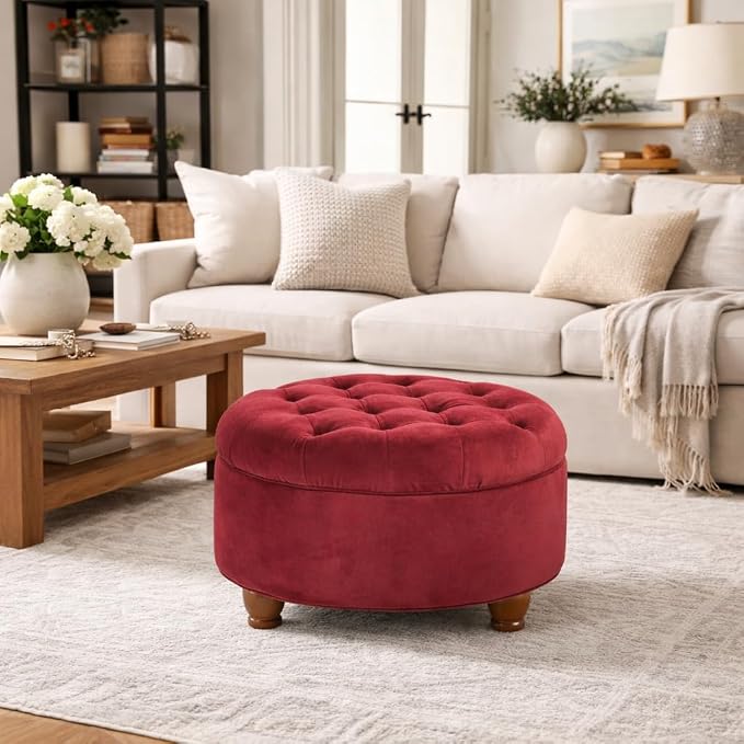 Homepop Home Decor |N8264-B119 | Large Button Tufted Velvet Round Storage Ottoman | Ottoman with Storage for Living Room & Bedroom, Berry