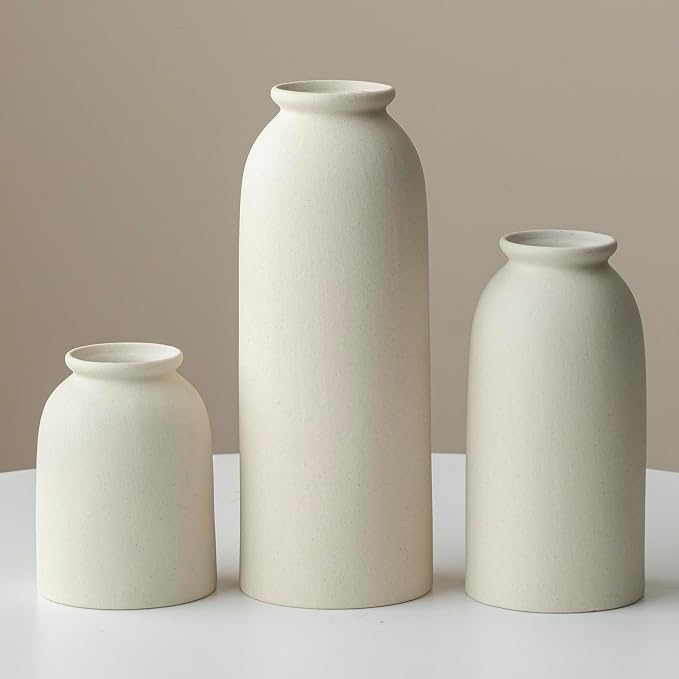 Ceramic Vase Set-3, Large Flower Vases for Decor, Modern Boho Farmhouse Style, 10.4 Inch Tall, 4 Inch Width, Beige Color, Decorative Vases for Pampas Grass, Dried Flowers and Fresh Flowers (XL Beige)