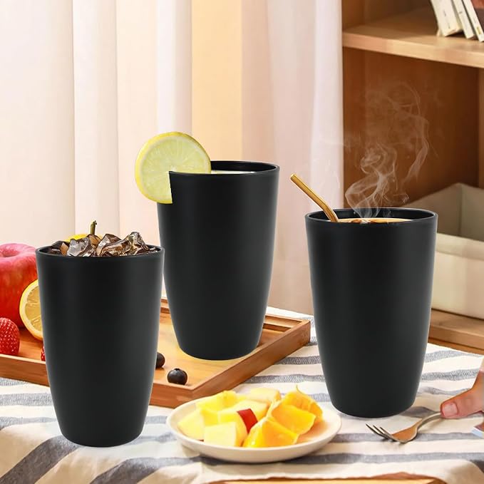 20 OZ Wheat Straw Cups SetS of 6, Unbreakable Drinking Cup, Alternative to Plastic Cups Reusable, Microwave & Dishwasher Safe Big Cup, Large Drinking Glasses for Kitchen, Party (Black)