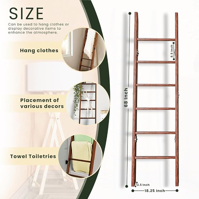 Decorative Foldable Wooden Blanket Ladder, 6-Tier Pine Wood Quilt Ladder 68" — Easy Assembly, Anti-Slip, Farmhouse Decor Rack Stand for Living Room, Bedroom Bathroom (Brown)