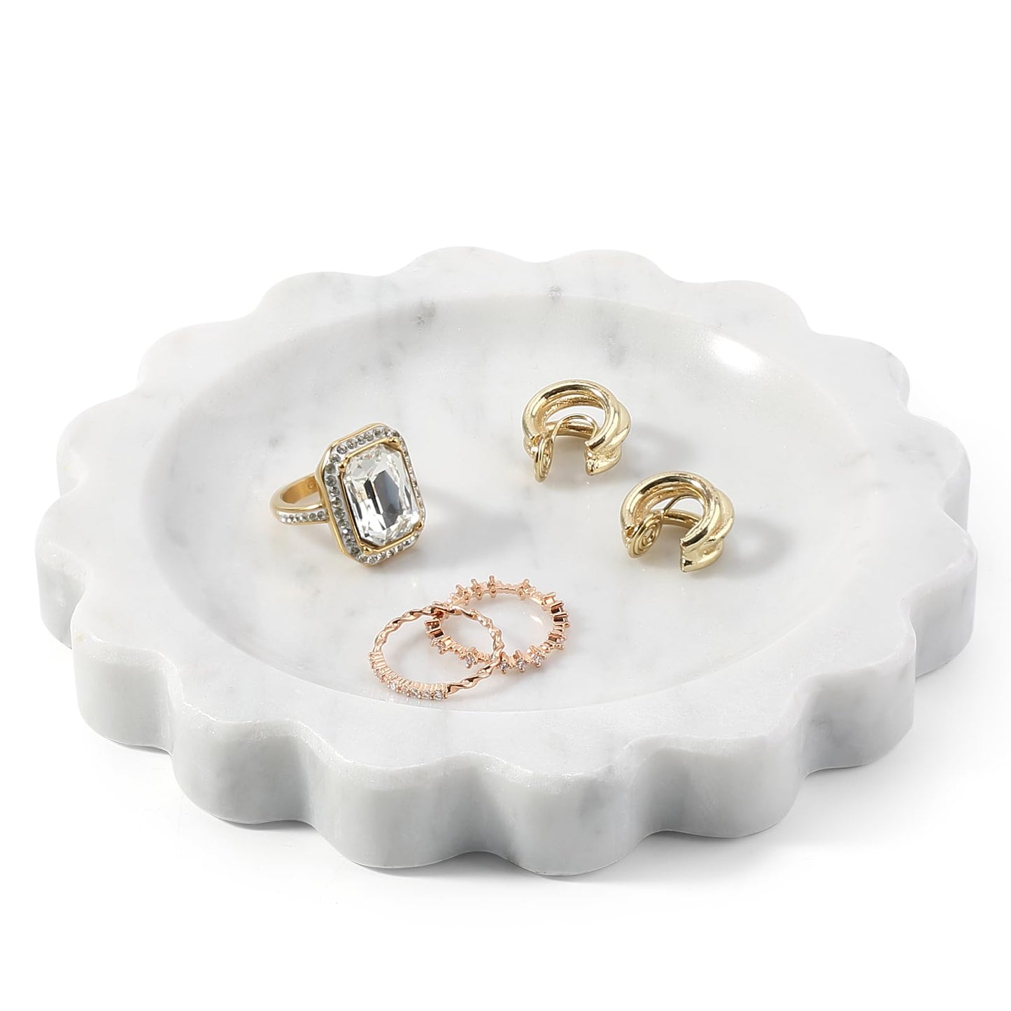 Koville 5.51" Scalloped Marble Tray, Round Stone Jewelry Trinket Dish for Ring, Natural Small Marble Tray for Bathroom Kitchen Dresser Countertop, Decorative Candle Tray(Bianco Carrara)
