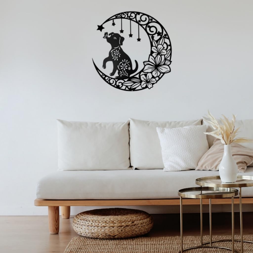 Gemseek Cute Black Metal Dog Wall Decor, 12 Inch Moon Dog Wall Art Hanging Sculpture for Living Room Bedroom Bathroom Decoration Home Accents Dog Lovers Gift