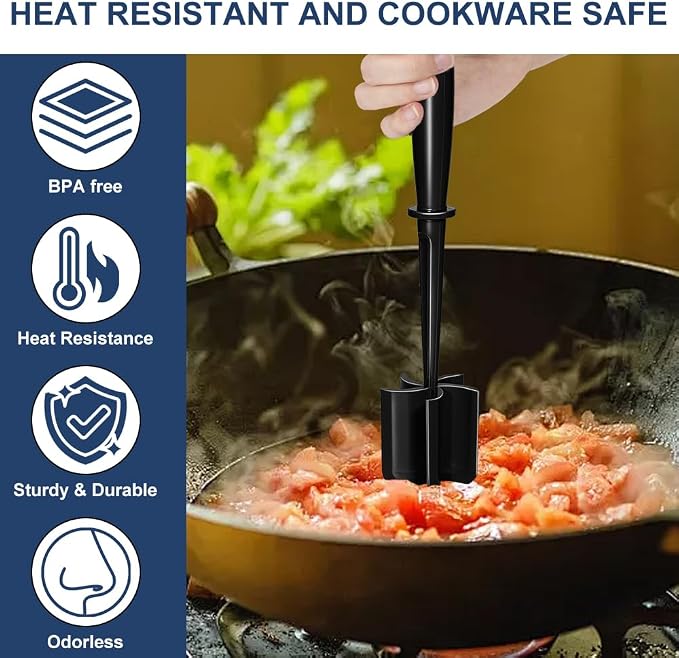 Meat Chopper, Premium Heat Resistant Meat Masher, 5 Blades Ground Beef Masher, Non Stick Hamburger Smasher, Nylon Potato Masher, Dishwasher Safe, Black