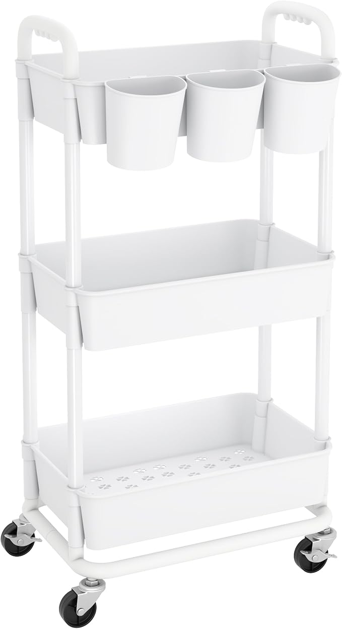 JIUYOTREE 3-Tier Plastic Rolling Storage Cart Utility Cart with Extra Hanging Cups Handles Lockable Wheels for Living Room Bathroom Kitchen Office White