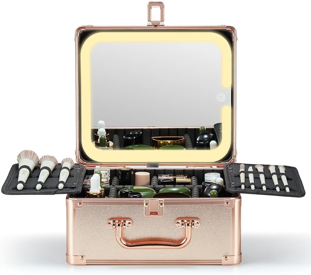 Qislee Makeup Box with A Detachable Lighted Mirror, Waterproof Travel Train Case, Cosmetic Organizer and Makeup Suitcase with Adjustable Dividers, Magnetic LED Mirror(Rose Gold)
