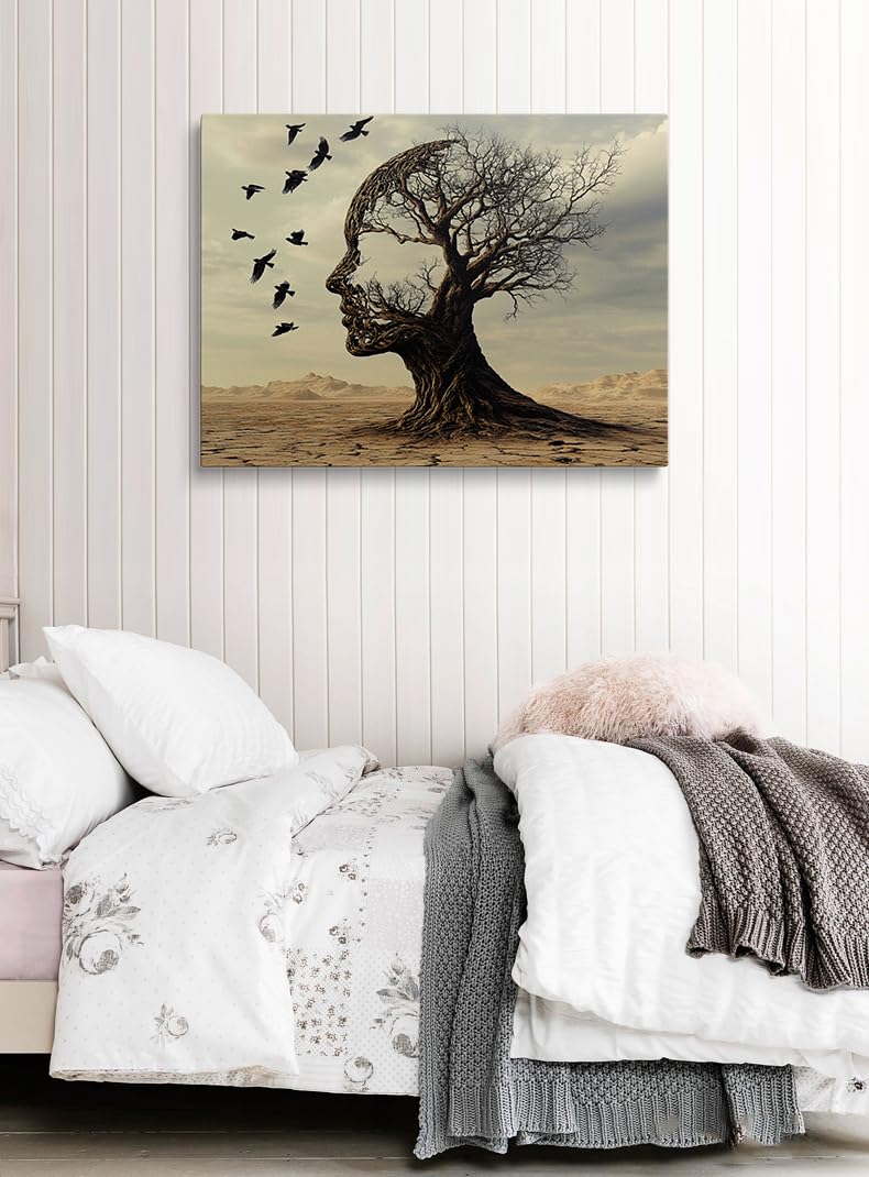 Silhouette of Head from Tree and Birds Canvas Wall Art Framed Thought Provoking Painting Prints Posters Artwork for Modern Wall Decor Contemplative Landscape Art Motivational Gift 16x24 Inches