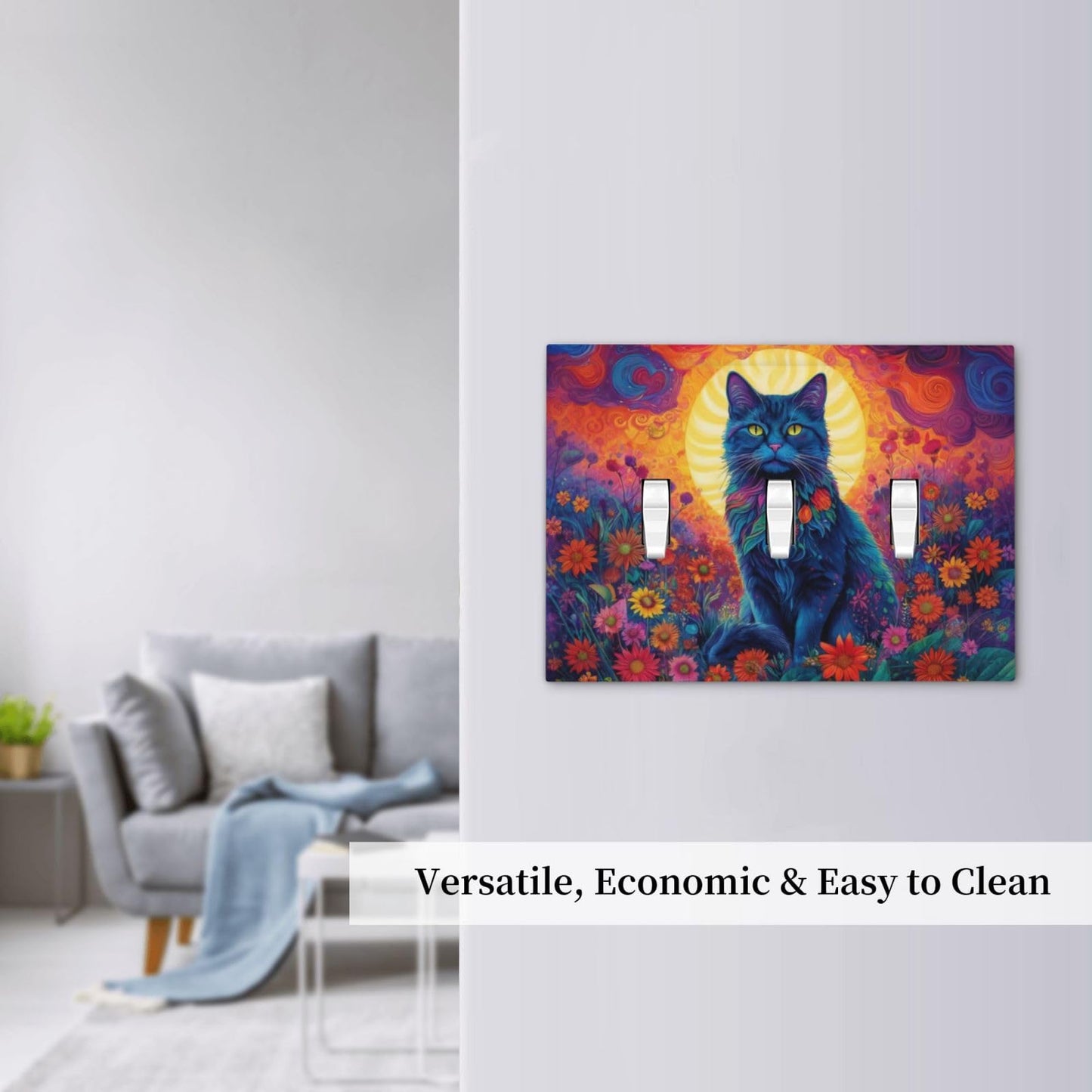 ThsanjuCute Watercolor Cat Gold Sun Sunset Colorful Flowers Clouds