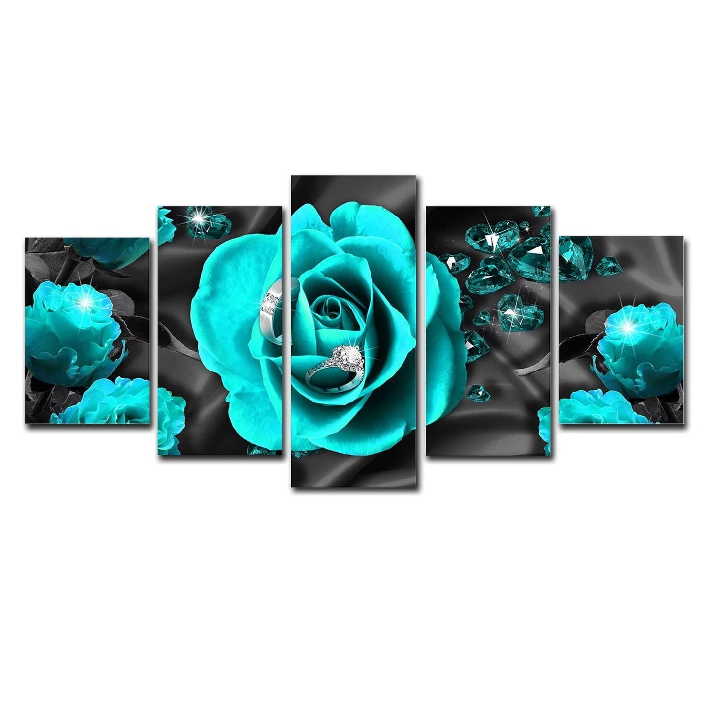 AWLXPHY Decor Teal Rose Wall Art Canvas Painting Framed 5 Panels for Living Room Decoration Modern Blue and Black Rose Stretched Artwork Floral Giclee (Blue, 60"x30")
