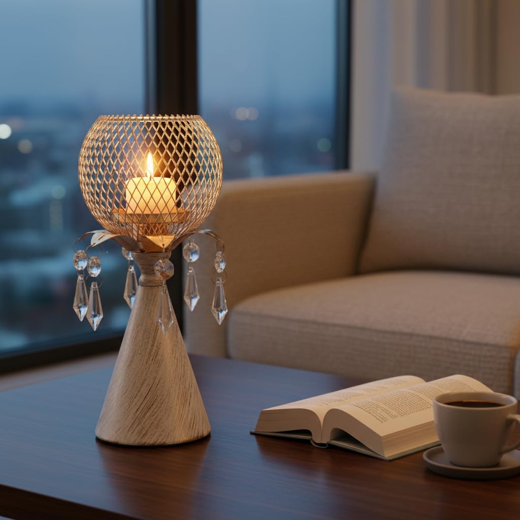 CAUWSAI White Gold Metal Mesh Candle Holder with Crystal Pendants, 9.0" Decorative Pedestal Design, Diamond Globe Top, Matte Finish, Candlestick for Home and Holiday Decor & Valentine's Day