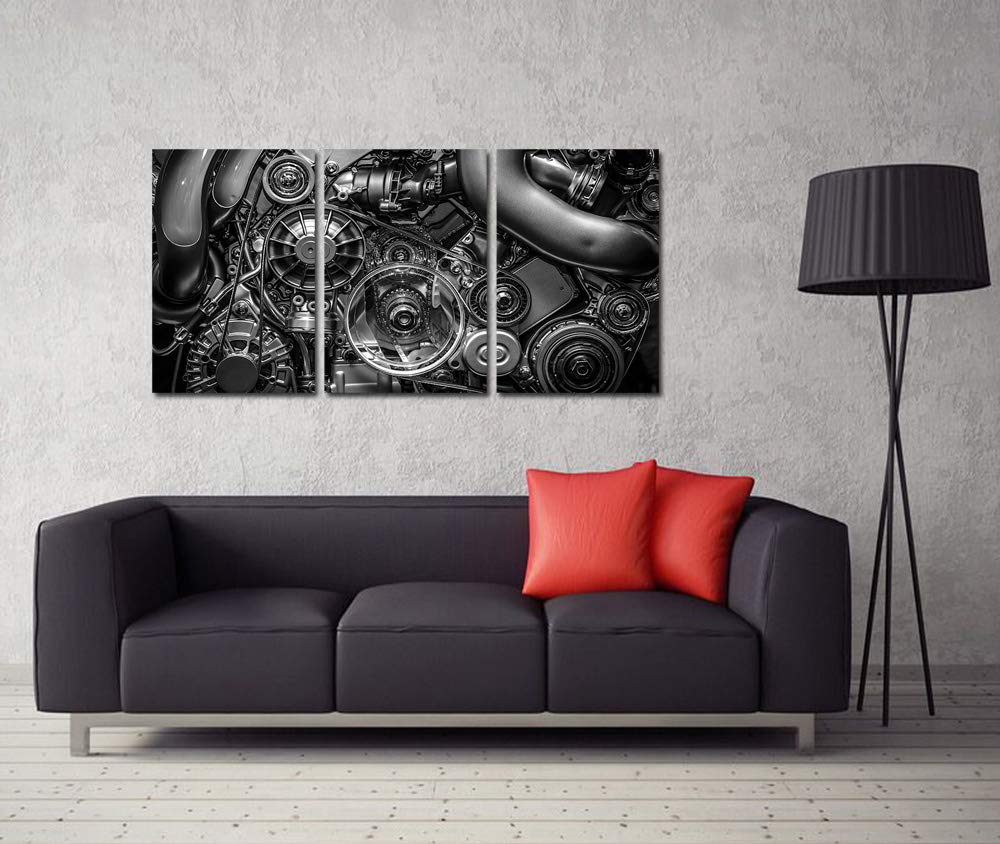 HOMEOART Engine Wall Art Closeup Gear and Chain Black and White Picture Canvas Print Gallery Wrapped Man Cave Wall Decor 24"x48" (3 Panels)