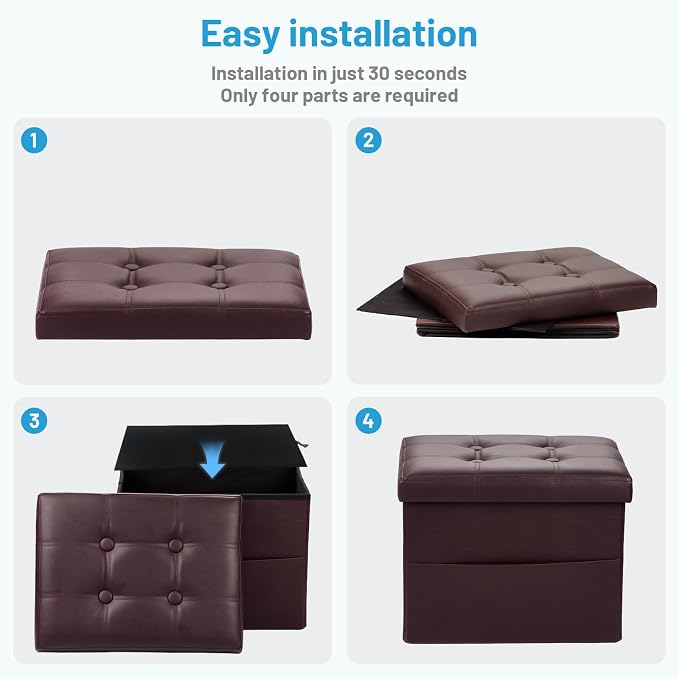 Bsketa Storage Ottoman Foot Rest Stool, Small Leather Storage Ottomans Bench, Folding Footstool with Side Pockets, Foot Rest Under Desk for Living Room Bedroom, 17x13x13 in, Brown