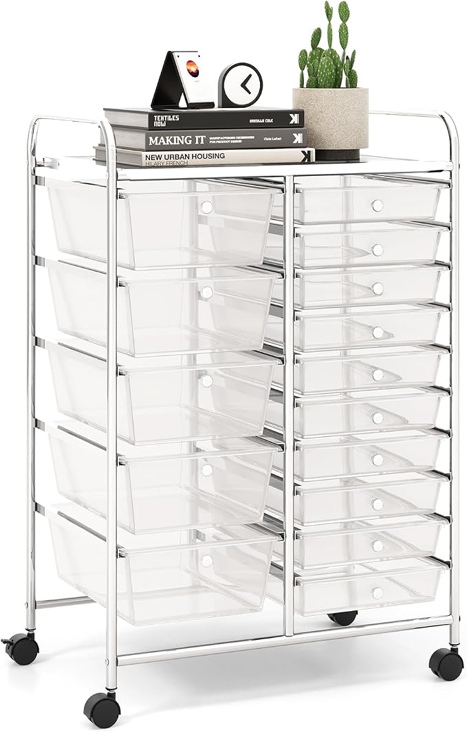 LDAILY 15 Drawer Rolling Storage Cart, Rolling Cart with Drawers for Classroom, Art Supply Craft Organizer on Wheel with Metal Frame & Handles for Home Office School