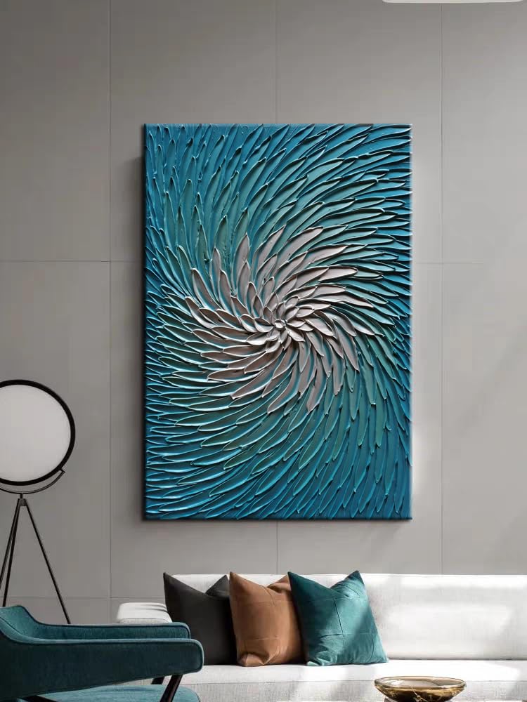 YaSheng Art - 24x36inch Wall Art 3D Vertical Wall Art ,100% hand painted Modern Abstract Wall Art ,Oil Painting Blue and Silver Canvas Wall Art Artwork ,Wall Art for Living Room, Bedroom Wall Decor,Office Wall Decor Home ,Framed Wall Art