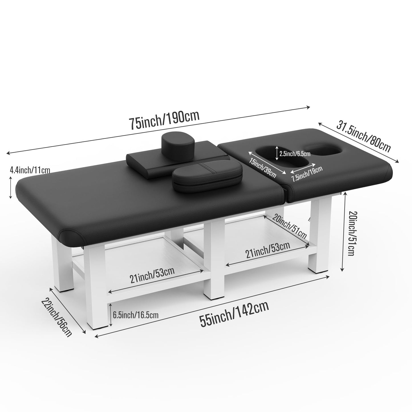 pouseayar 31.5'' Wide × 75'' Long Stationary Massage Table with Backrest and Storage Space for Treatment Table Physical Therapy Table Spa Facial Bed, 6 Square Legs Metal Frame PU Leather - Black